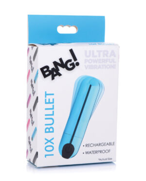 Product packaging for a blue "Ultra Powerful Vibration Toy Bullet" highlighting features like rechargeable and waterproof on a white background.