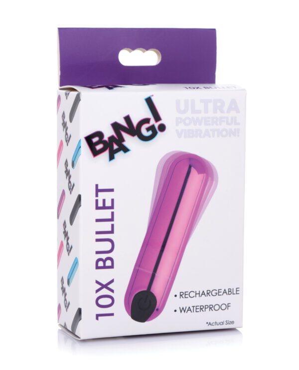 Box packaging for a "10X Bullet" vibration device, highlighting features such as being rechargeable and waterproof.