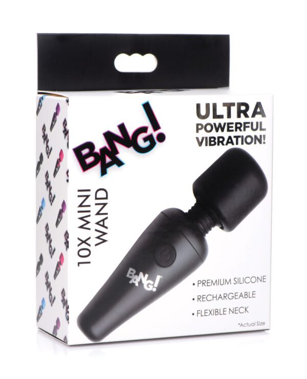 A mini wand massager with its packaging highlighting features such as ultra powerful vibration, premium silicone, rechargeable, and flexible neck.