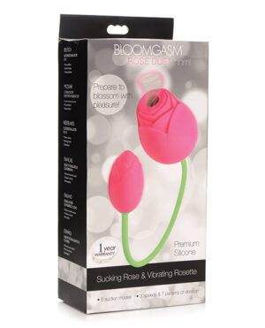 Colorful packaging for the Bloomgasm Rose Duet, featuring a pink silicone design with a tagline highlighting pleasure and performance details.