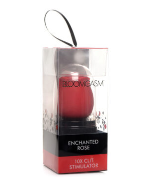 Packaging of the Bloomgasm Enchanted Rose 10X clit stimulator in a transparent box with a black and red design.