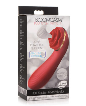 Packaging for Bloomgasm Passion Petals featuring a red rose-shaped vibrator with suction technology and powerful vibration, labeled with warranty information.