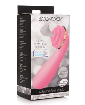 Packaging of Bloomgasm Passion Petals featuring a pink vibrator with a rose-shaped design, highlighting its ultra-powerful suction and air-stim technology.