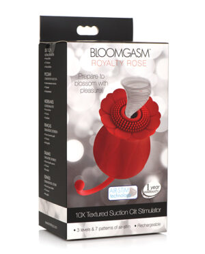 Bloomgasm Royalty Rose::A packaging image for the Bloomgasm Royalty Rose, a rechargeable clitoral stimulator featuring 10X textured suction and multiple settings for pleasure.