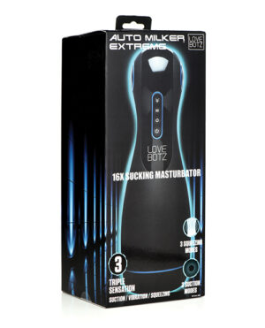 Packaging of the Auto Milker Extreme device featuring suction and vibration modes with sleek black design and illuminated accents.