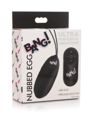 Close-up of a product package for a "Bang! Nubbed Egg" with Ultra Powerful Vibration feature, made of premium silicone, including remote control.