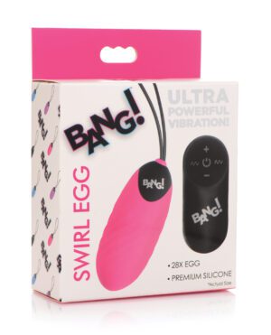 A pink and white product box for a Swirl Egg with "Ultra Powerful Vibration" claim, showcasing the vibrator and its remote control.