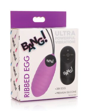 A boxed product labeled 'Ribbed Egg' with ultra powerful vibration feature, displaying the egg-shaped device and remote control.