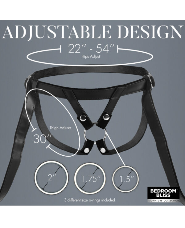 An image showcasing an adjustable design harness with hip and thigh adjustments, including three different sized O-rings, with text indicating sizing details and the brand 'Bedroom Bliss'.