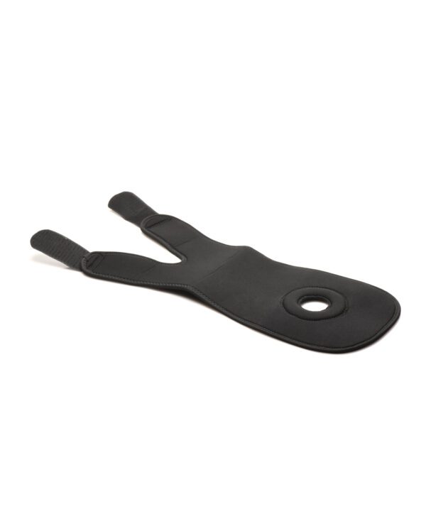 A single black neoprene slap strap with Velcro attachments for securing a diving mask, isolated on a white background.