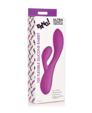 A purple and white product package with text highlights and an image of a silicone rabbit toy indicating features such as 'ultra powerful vibration', 'dual motors', and 'rechargeable'.