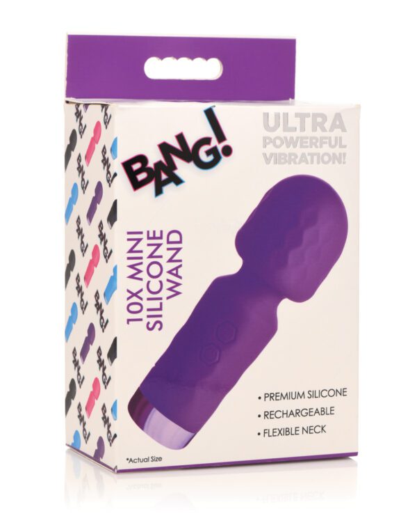 Box of a silicone wand massager with the words "Ultra Powerful Vibration" and "Premium Silicone" visible