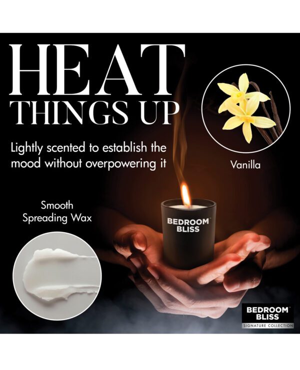 An advertisement featuring hands holding a lit 'Bedroom Bliss' candle, with vanilla flower and smooth spreading wax imagery, and text 'HEAT THINGS UP'.