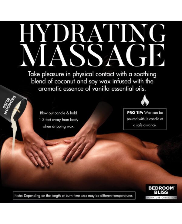 A promotional image of a hydrating massage indicating the use of a special coconut and soy wax candle infused with vanilla essential oils, including instructions and safety tips.