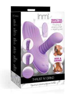A product package displaying a purple silicone personal massager labeled "Thrust 'N' Grind," featuring various functions and close-up views of its texture and design elements.
