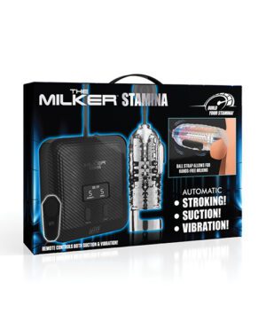 Package of 'The Milker Stamina' device with features such as automatic stroking, suction, and vibration highlighted, along with remote control and a clear view of the product inside.