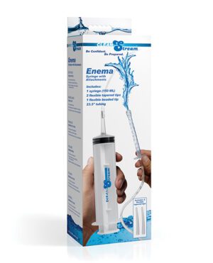 A Clean Stream enema kit packaging showing a syringe with attachments, including flexible tips and tubing, with an image of a hand holding the syringe set against a splash of water background.