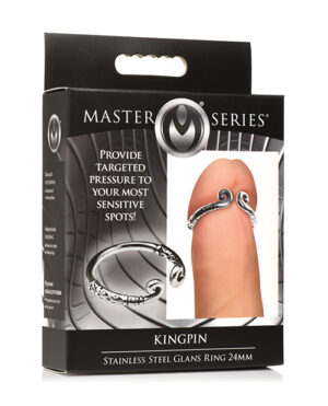 Product packaging for "Master Series Kingpin Stainless Steel Glans Ring 24mm" with an image showing the ring on a finger to demonstrate scale.