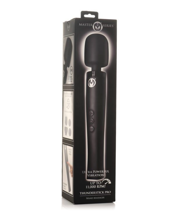 Black and white package of Master Series Thunderstick Pro wand massager highlighting its ultra-powerful vibration feature.