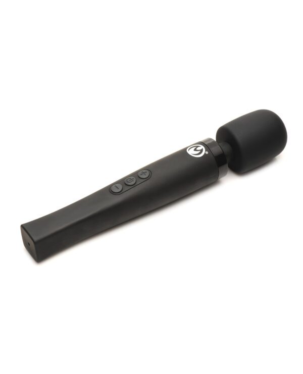 A black wireless handheld microphone with button controls isolated on a white background