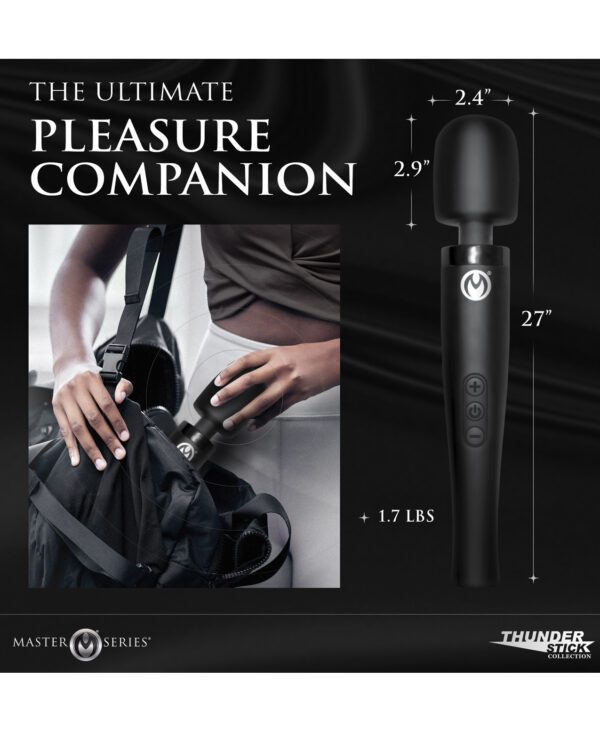 Advertisement showing a hand holding a massager from the Thunder Stick Collection with dimensions and weight indicated, alongside the text 'THE ULTIMATE PLEASURE COMPANION' and the brand 'MASTER SERIES'.