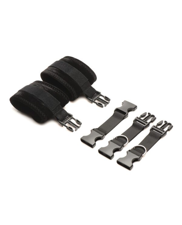 Two black resistance band handles with attached nylon straps and metal clips on a white background.