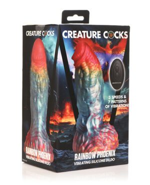 The image features a brightly colored adult toy in rainbow hues, named "Rainbow Phoenix," which is a vibrating silicone dildo with 3 speeds and 7 patterns of vibration, presented in retail packaging that matches the theme of the product.