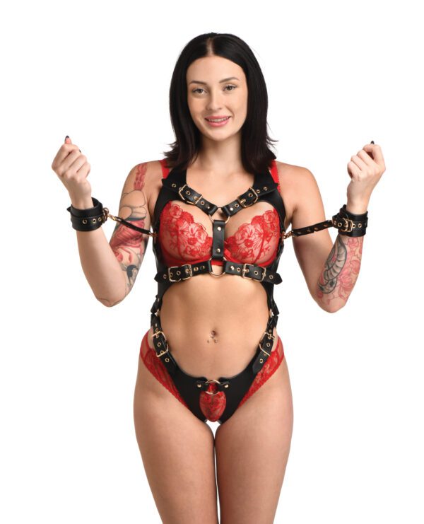 A woman with tattooed arms wearing a black leather harness over red lingerie, isolated on a white background.