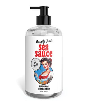 A bottle of "Naughty Jane's Sex Sauce Natural Lubricant" with a vintage style illustration of a woman and the text "So Wet!" on the label.