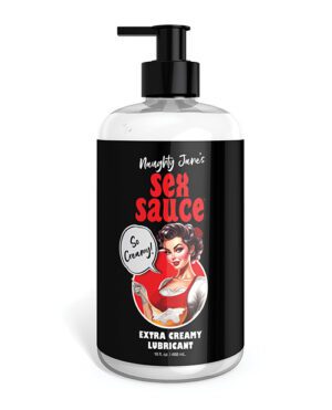 A bottle of 'Naughty Jane's Sex Sauce' lubricant with a pump dispenser. The label features a retro-style illustration of a woman, the product's name in large letters, and the description 'Extra Creamy'.