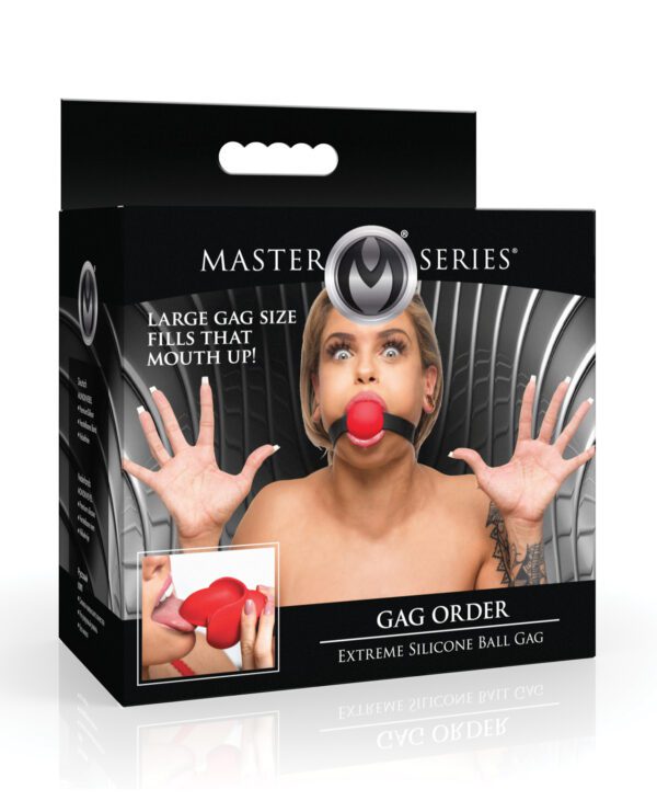 A product packaging for "Master Series" featuring an extreme silicone ball gag with an image of a person demonstrating the product.