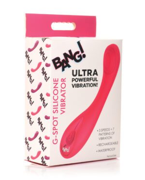 A product box for a silicone G-spot vibrator with text and image detailing its features such as ultra powerful vibration, multiple speeds and patterns, rechargeability, and waterproof design.