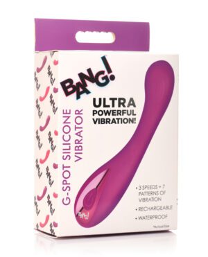 Product packaging for a silicone G-spot vibrator with features highlighted on label.