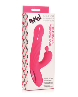 Packaging for an adult toy labeled "Ultra Powerful Vibrating Rabbit" with product features listed such as premium silicone, rechargeable, and multiple vibration modes, illustrated on a pink and white box with graphic elements.