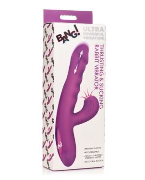 A purple adult pleasure device packaging with descriptive text and graphics.