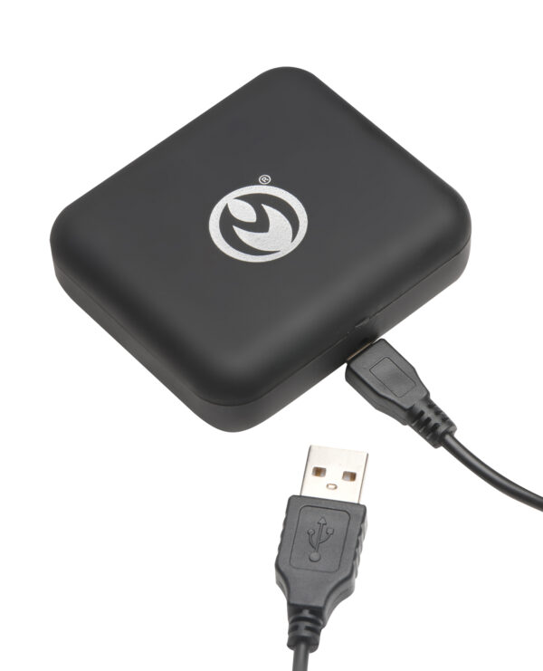 A black USB adapter featuring a logo, connected with a USB cable.