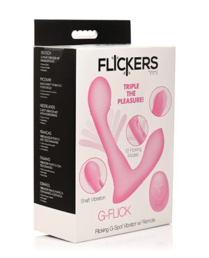 Product packaging for "FLICKERS mm G-FLICK Flicking G-Spot Vibrator with Remote" with text highlighting features like "TRIPLE THE PLEASURE," "12 Flicking Modes," and "Shaft Vibration." The package is predominantly white with a pink product image and black, pink, and gray text.