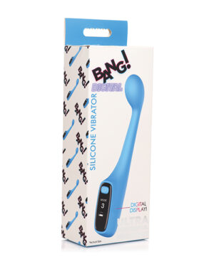 Packaging box for a blue silicone vibrator with digital display, featuring the product name and the number '3' indicating mode settings.