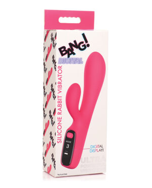 The image shows a pink silicone rabbit vibrator in its packaging. The packaging features the product name and highlights features such as a digital display and multiple modes.