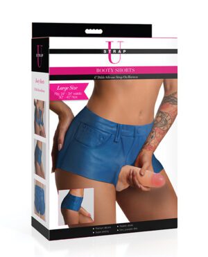 Packaging for blue booty shorts with a photo of a person from the waist to the thighs, highlighting the fit of the shorts, with text indicating size and features, and smaller images showcasing different angles.