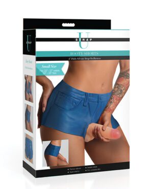 This is a product package for "T-Strap BOOTY SHORTS" in small size, featuring an image of a person from mid-torso to thighs modeling the blue shorts, with a focus on the fit and design of the garment. The packaging also includes additional views and details of the shorts.