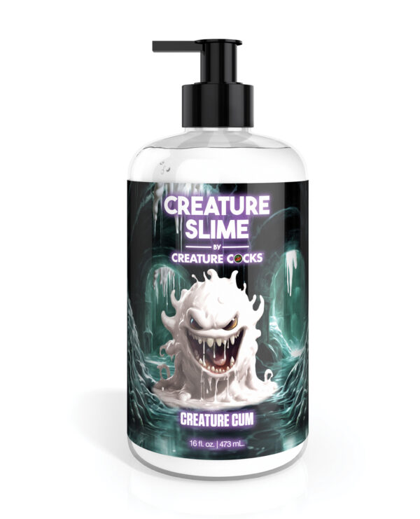 A creative bottle design for Creature Slime, featuring a cartoonish monster character against a dark cave background, showcasing fun and quirky branding.