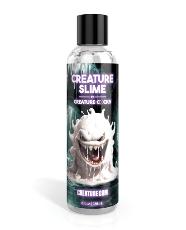 A bottle labeled "Creature Slime" featuring a cartoonish, white monster with sharp teeth and a gooey texture, set against a moody, dark background.