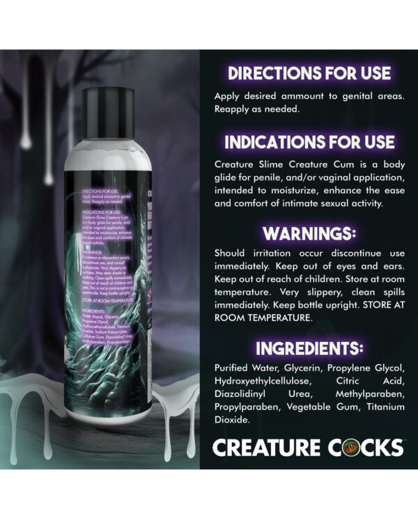 A bottle of Creature Slime Creature Cum with usage directions, indications, warnings, and ingredient list for intimate use.