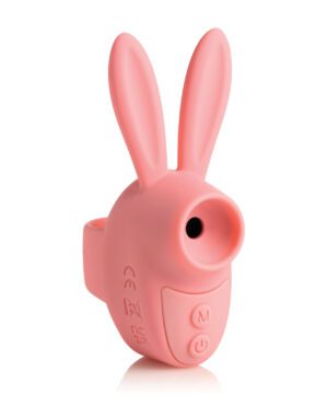 A pink rabbit-shaped object with large ears and a circular opening, isolated on a white background