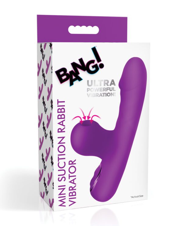 Product packaging for a purple mini suction rabbit vibrator with "Bang!" and "Ultra Powerful Vibration!" text.