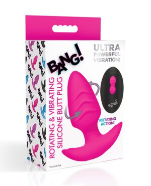 Product packaging for a pink "Rotating & Vibrating Silicone Butt Plug" with "Ultra Powerful Vibration" and "Rotating Action" features, including a remote control. The packaging has the word "BANG!" prominently displayed and graphics suggesting motion and power.
