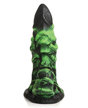 A green and black fantasy-themed silicone dildo designed to resemble a mythical creature's phallus, isolated on a white background.