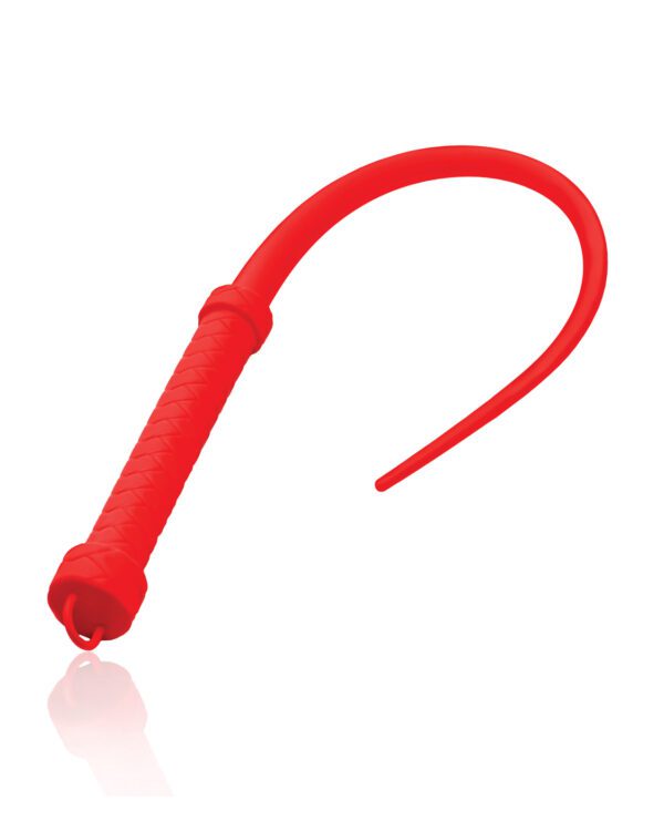 Close-up of a red crowbar with a textured handle, isolated on a white background with a subtle reflection below.