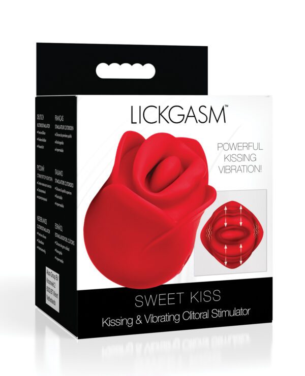 A photo of the packaging for a Lickgasm Sweet Kiss clitoral stimulator, featuring text and an image of a red, flower-shaped device.